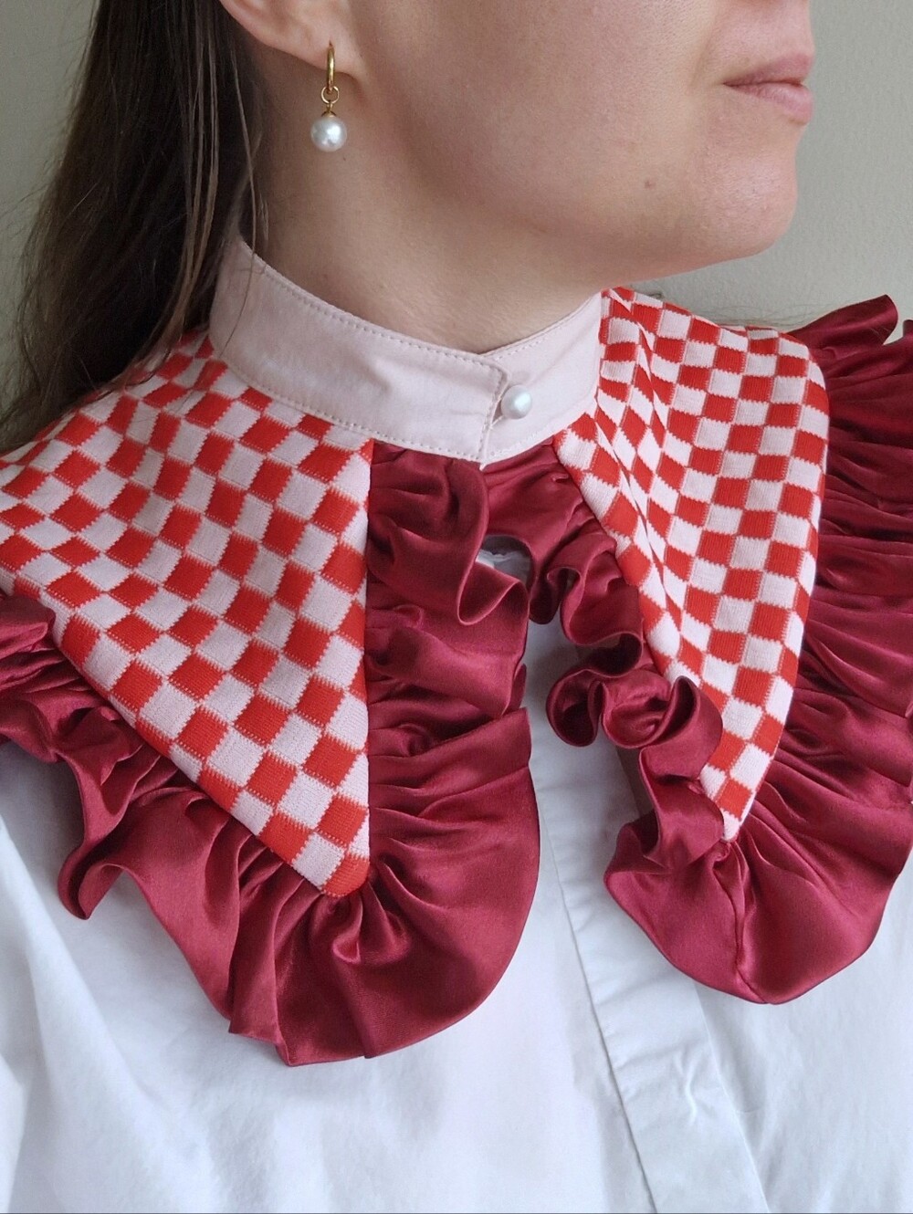 Pink and Red Checkered Ruffled Collar. Detachable Fashion Accessory